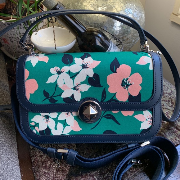 Authentic KATE SPADE Leather/Floral canvas turnlock flap Crosby/Sarchel 2 straps - Picture 2 of 13